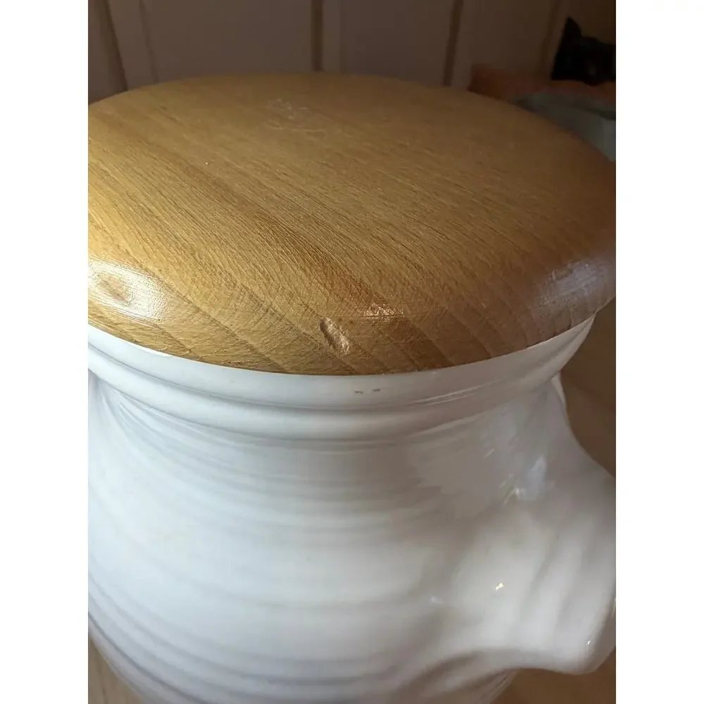 Revol France White Porcelain Vinaigre Vinegar Crock Dispenser Wooden Lid